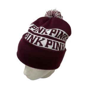 Victorias Secret PINK Beanie Hat Winter Cap Maroon White Knit
